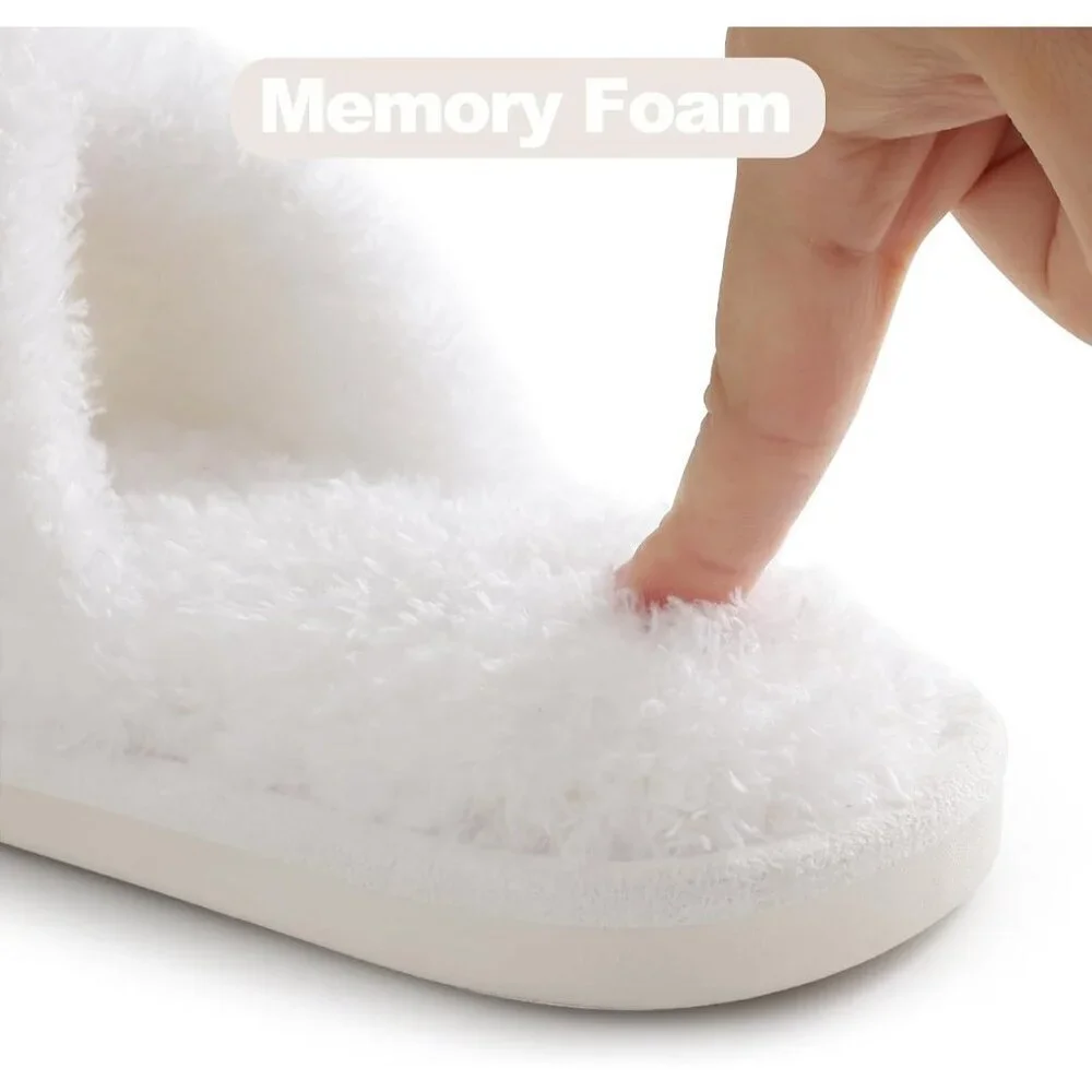 Women's White Fuzzy Cross Band Memory Foam Open-Toe House Slippers - Picture 4 of 7
